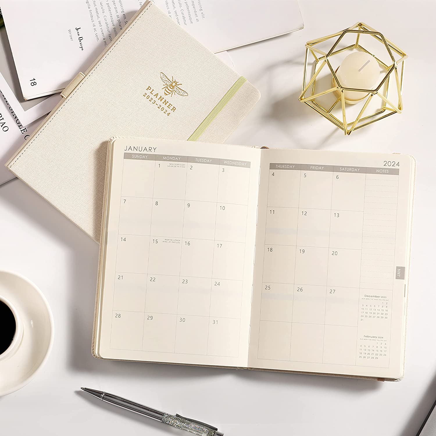 Planner 2023-2024 - Academic Planner 2023-2024 from July 2023 - June 2024, 2023-2024 Weekly Monthly Planner with Calendar Stickers, 5.75" x 8.25", Saffiano Leather, Pen Loop, Back Pocket - Black Bee - Image 9